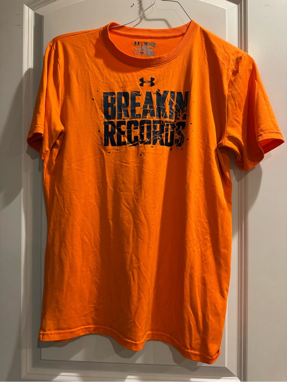 Under Armour Boys Bright Orange Graphic 'BREAKIN RECORDS' Tee